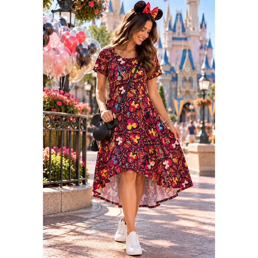 LuLaRoe Disney Carly Dress Small Mickey Mouse Red High Low Swing Short Sleeve